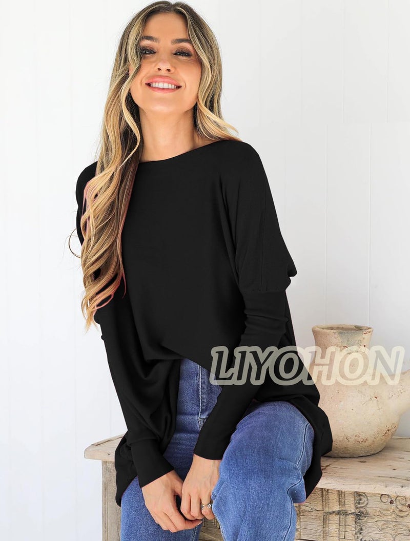 LIYOHON Oversized T Shirts for Women Tunic Tops to Wear with Leggings Long Sleeve Fall Sweaters Dressy Tops Black-XXL - Image 2
